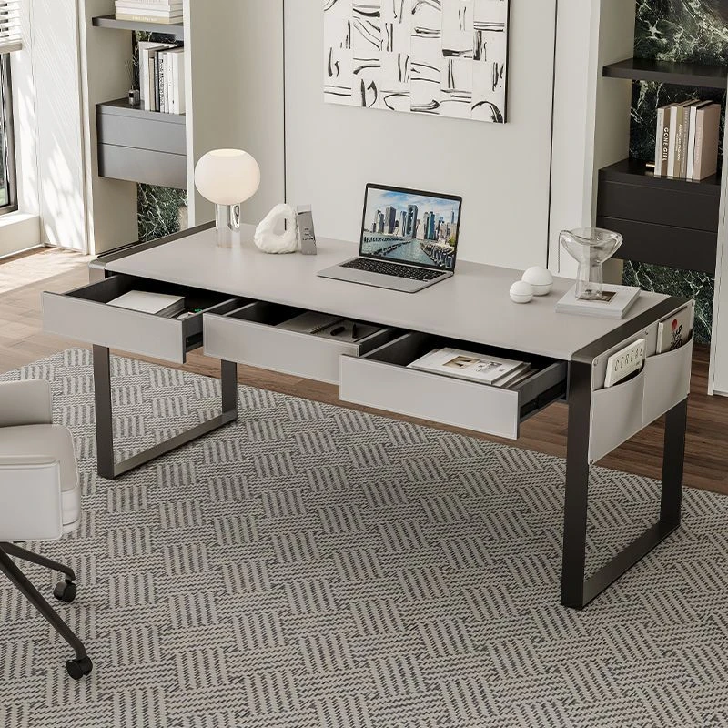 实木马鞍皮白色书桌意式极简客厅大长桌办公桌现代老板轻奢电脑桌