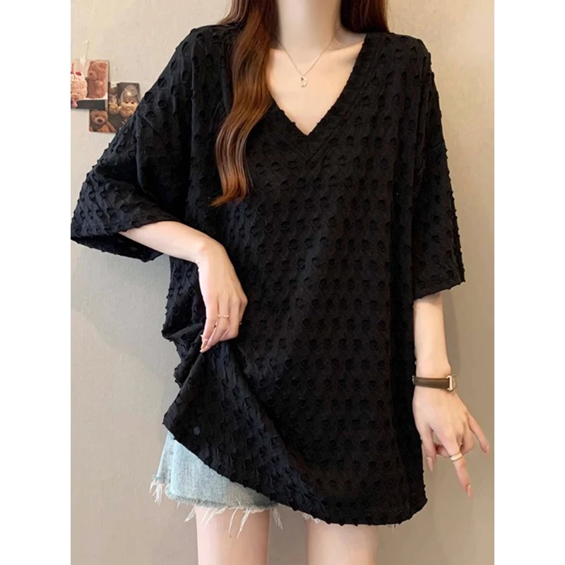 大码女装遮肚子慵懒风V领短袖T恤女夏季胖妹妹宽松显瘦正肩打底衫