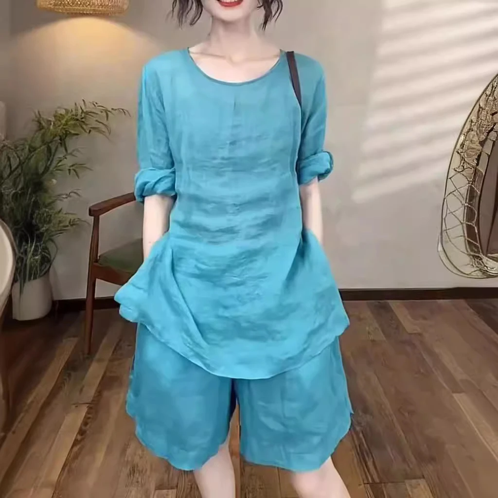2025夏季新款纯色简约气质时尚圆领宽松盘扣苎麻上衣阔腿裤套装女