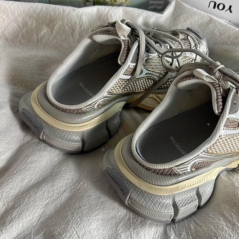 巴黎3XL老爹鞋女半拖2025夏季新款复古做旧厚底一脚蹬休闲运动鞋