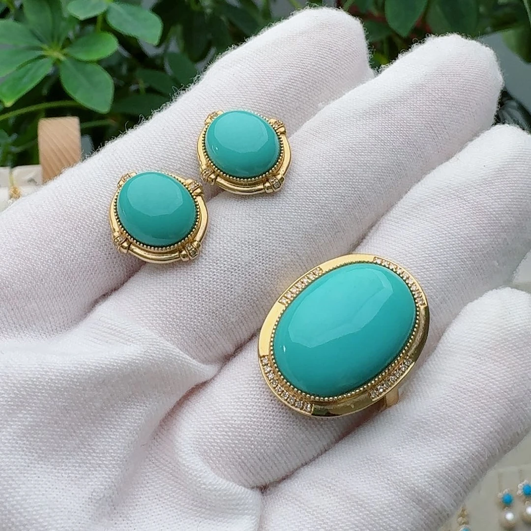 绿松石18K金镶嵌戒指戒指耳钉套装