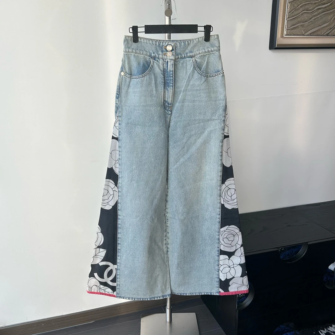 99新 Chanel/香奈儿 21c度假系列山茶花双c logo阔腿牛仔裤38码