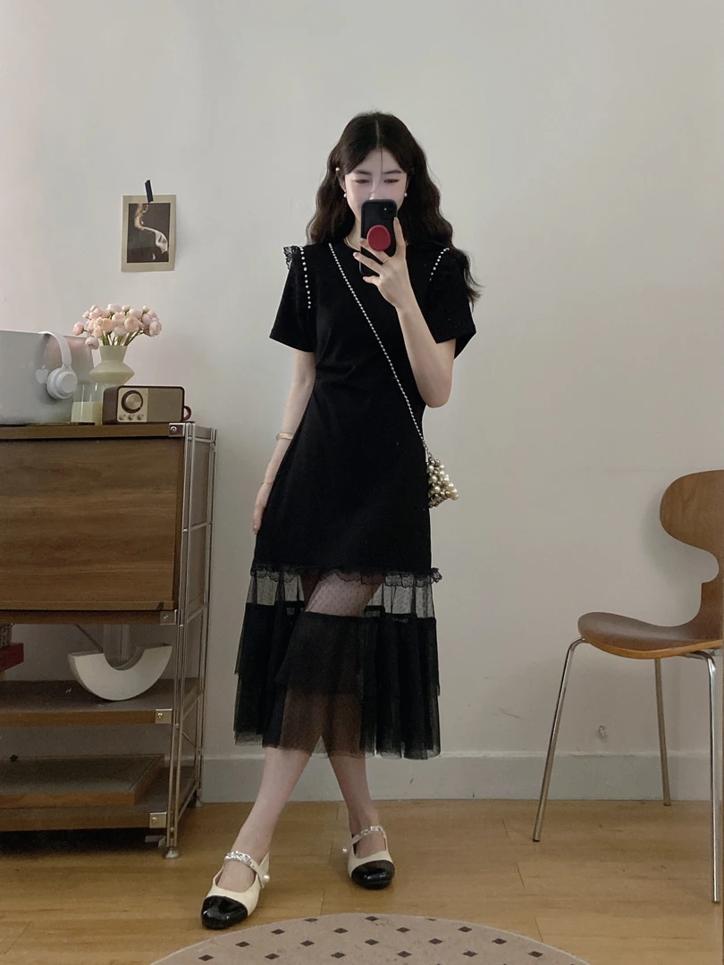 大码胖mm2025夏季纯欲蕾丝拼接短袖连衣裙女小众镶钻气质显瘦长裙