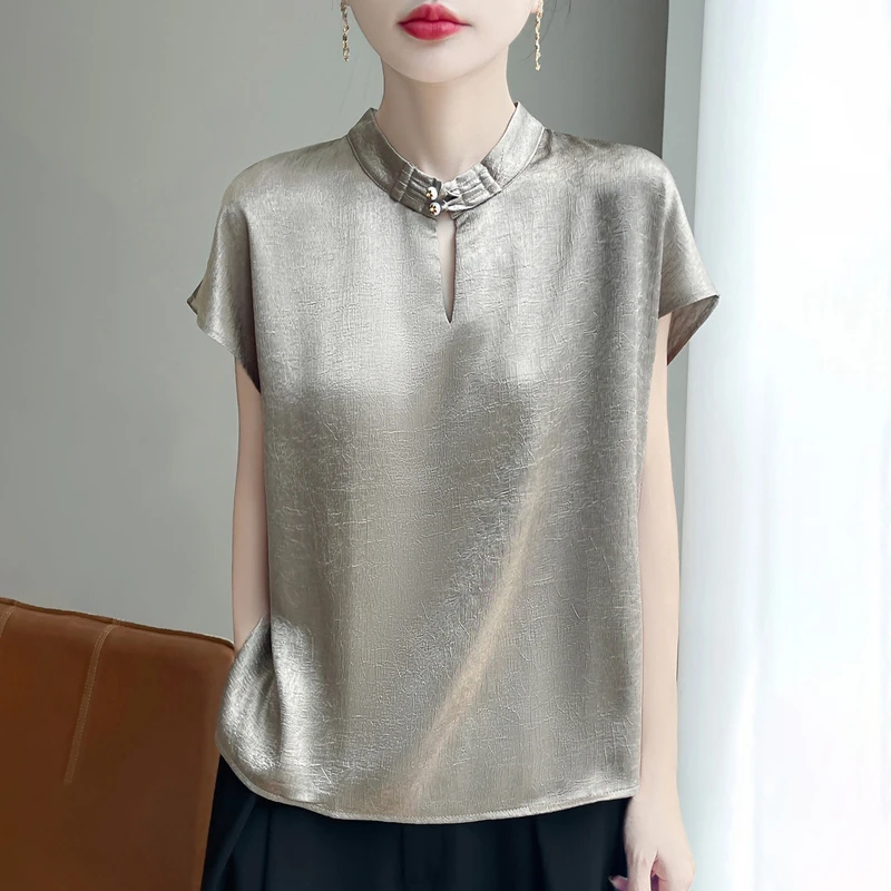 新中式国风缎面桑蚕丝短袖女夏季新款盘扣纹理感T恤宽松时尚上衣