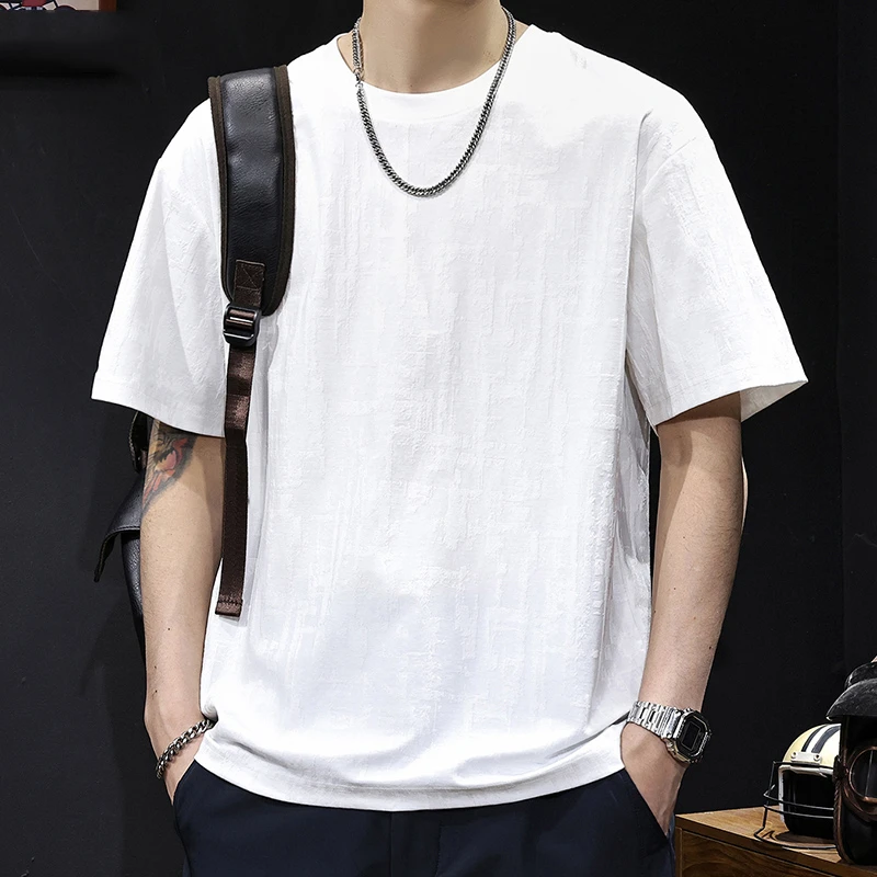 MR.MUDI/穆迪先生简约提花短袖t恤男士夏季新款宽松大码高端衣服