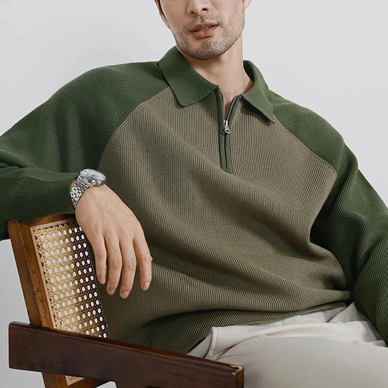 轻熟风半拉链polo领撞色套头毛衣男款复古宽松翻领插肩袖针织衫男