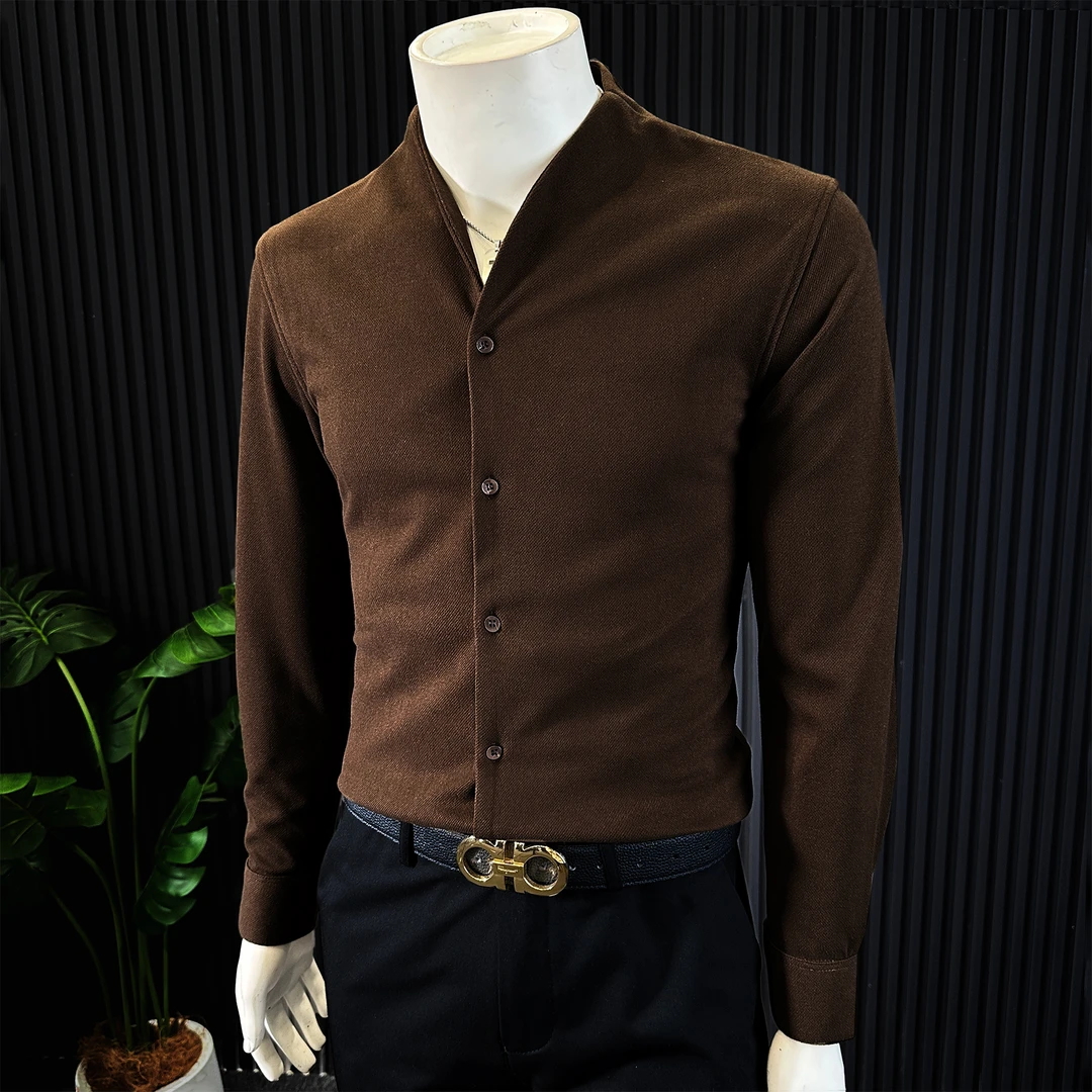 V领毛呢厚款长袖衬衫男款爆款2025新款秋冬立领保暖男士休闲衬衣