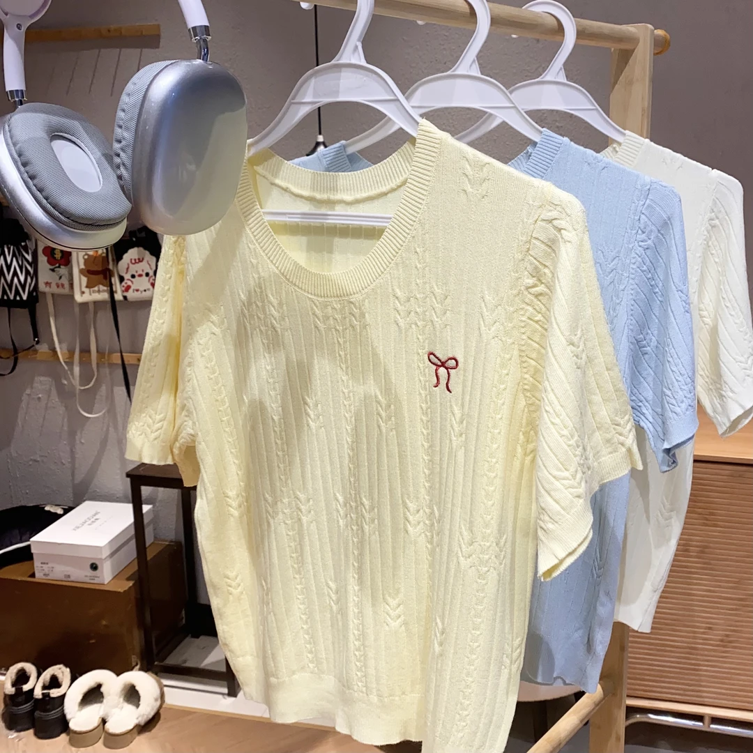 新疆包邮【C15】蝴蝶结刺绣针织短袖-长52