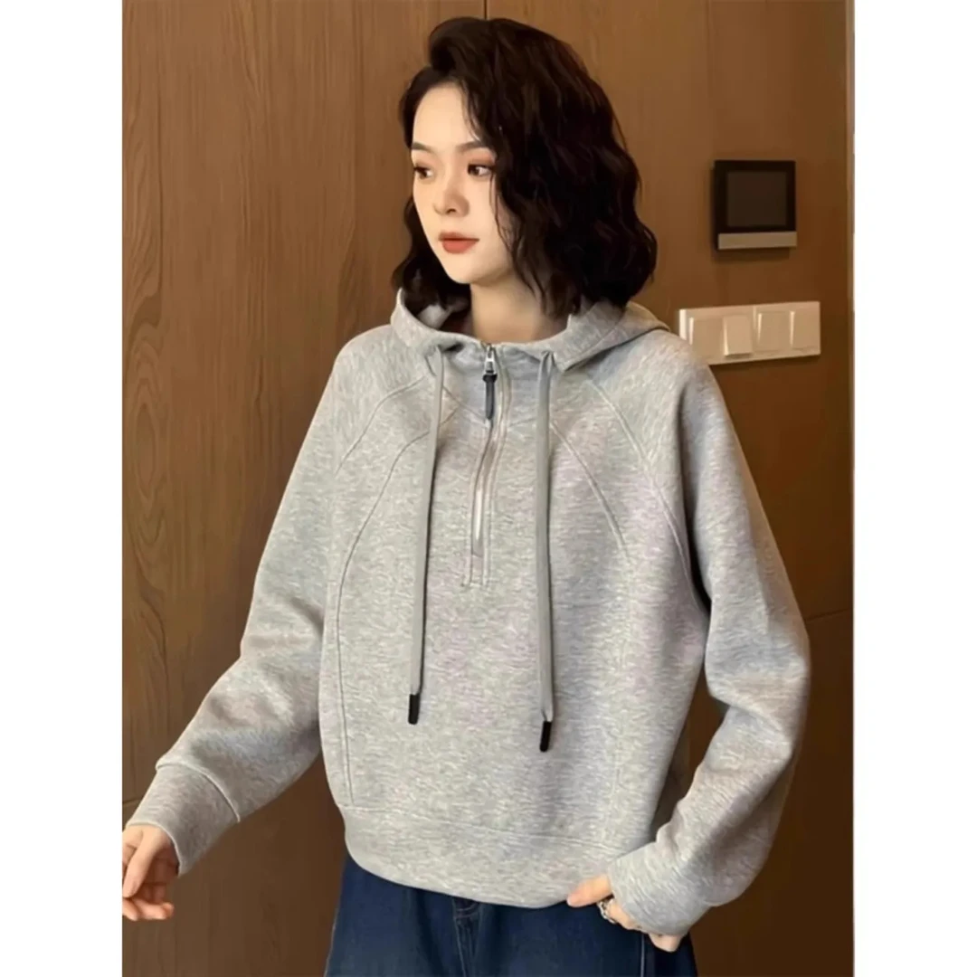 美式灰色半拉链连帽加绒卫衣女春秋2025新款宽松时尚短款上衣潮