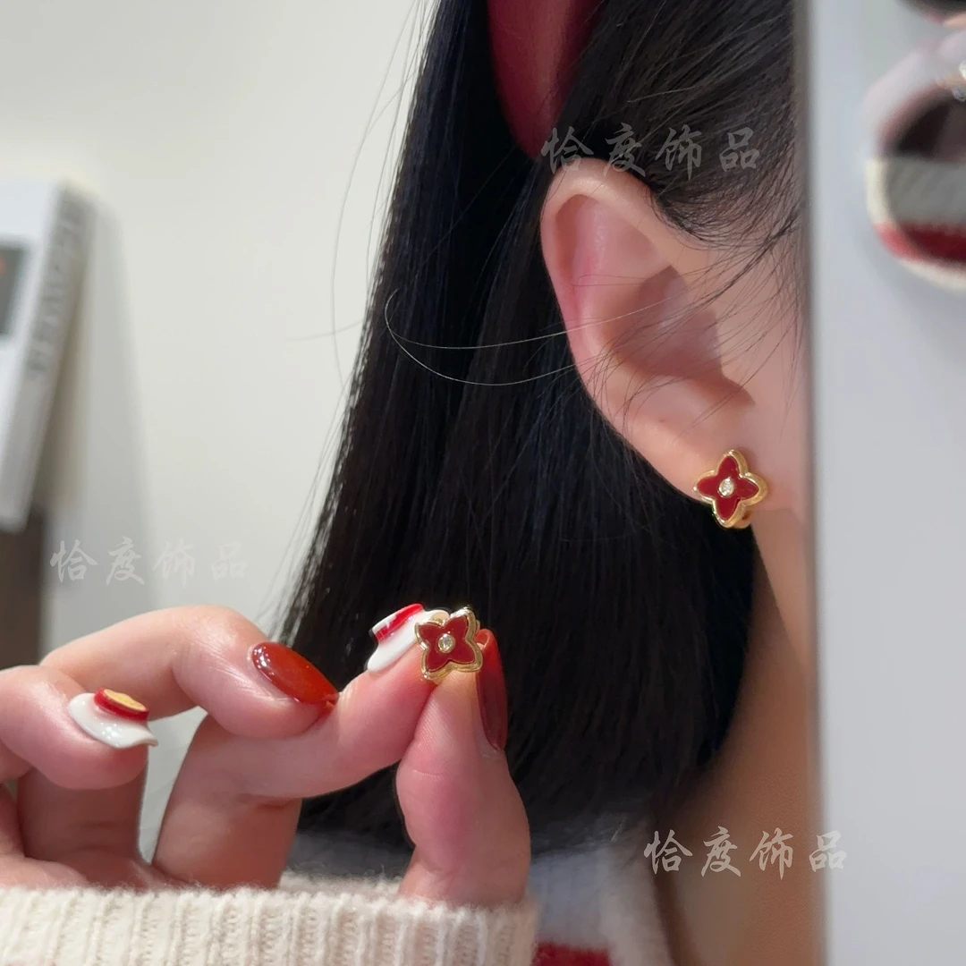 铜合金耳饰 【恰度】秋日新款红色四叶花朵耳扣气质百搭