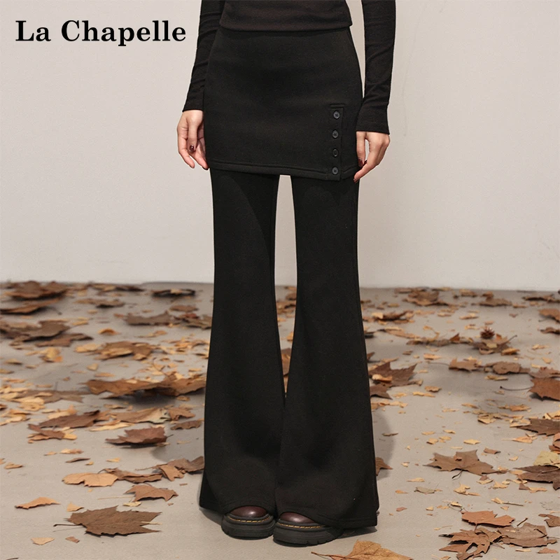 拉夏贝尔黑色带屁帘加绒加厚喇叭裤女秋冬季高腰显瘦拖地休闲长裤