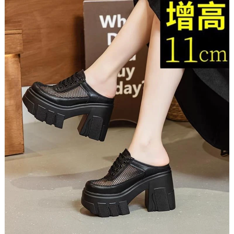 超高跟包头半拖鞋女夏季外穿透气网面20258cm厚底外穿包头半拖鞋