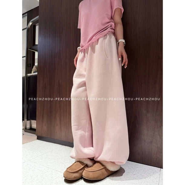 PEACHZHOU 浅粉加绒'韩国卫裤'松紧腰直筒休闲裤宽松保暖束脚裤