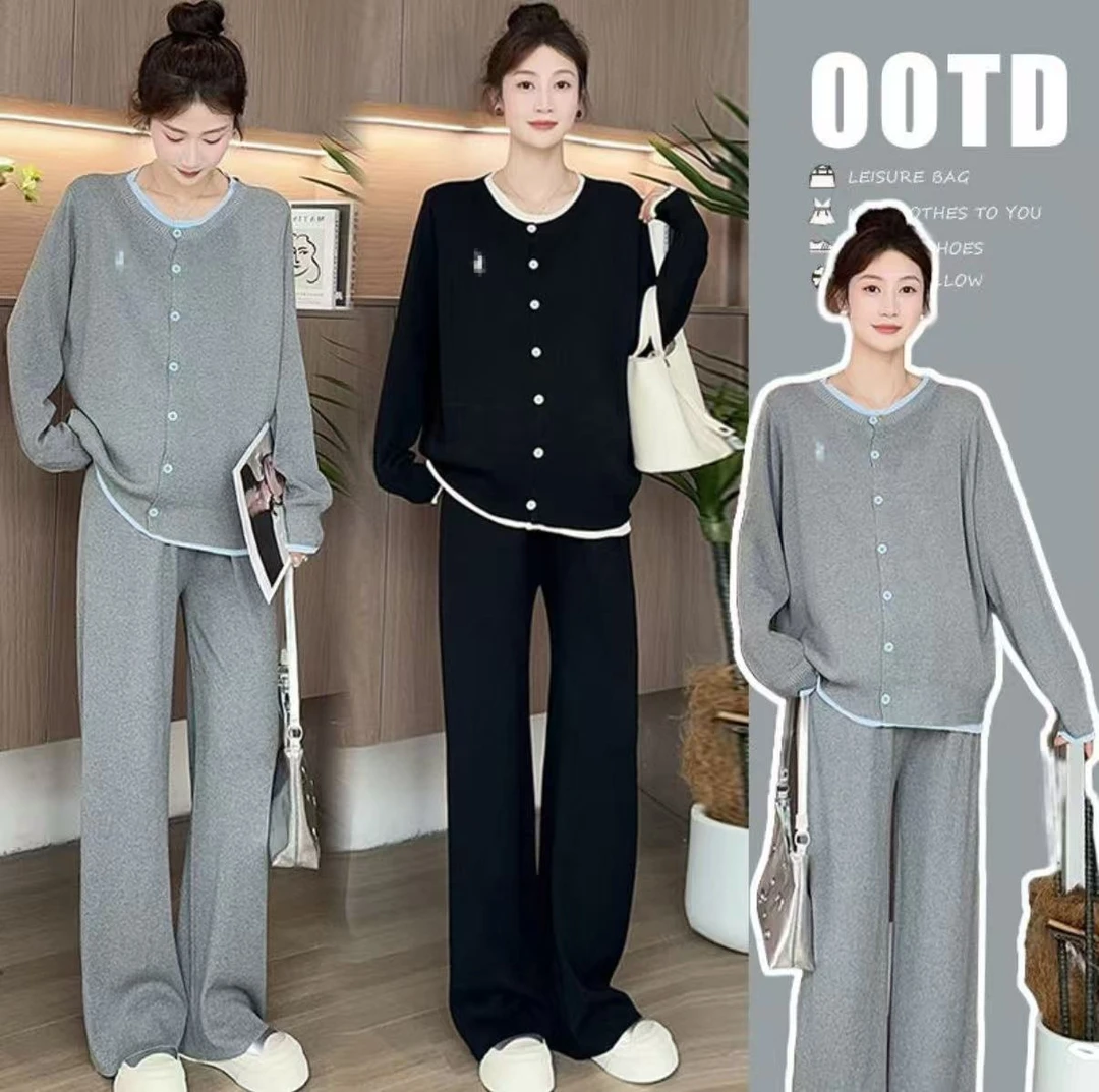 孕妇装时尚显瘦休闲宽松刺绣秋冬针织两件套高级女打底套装