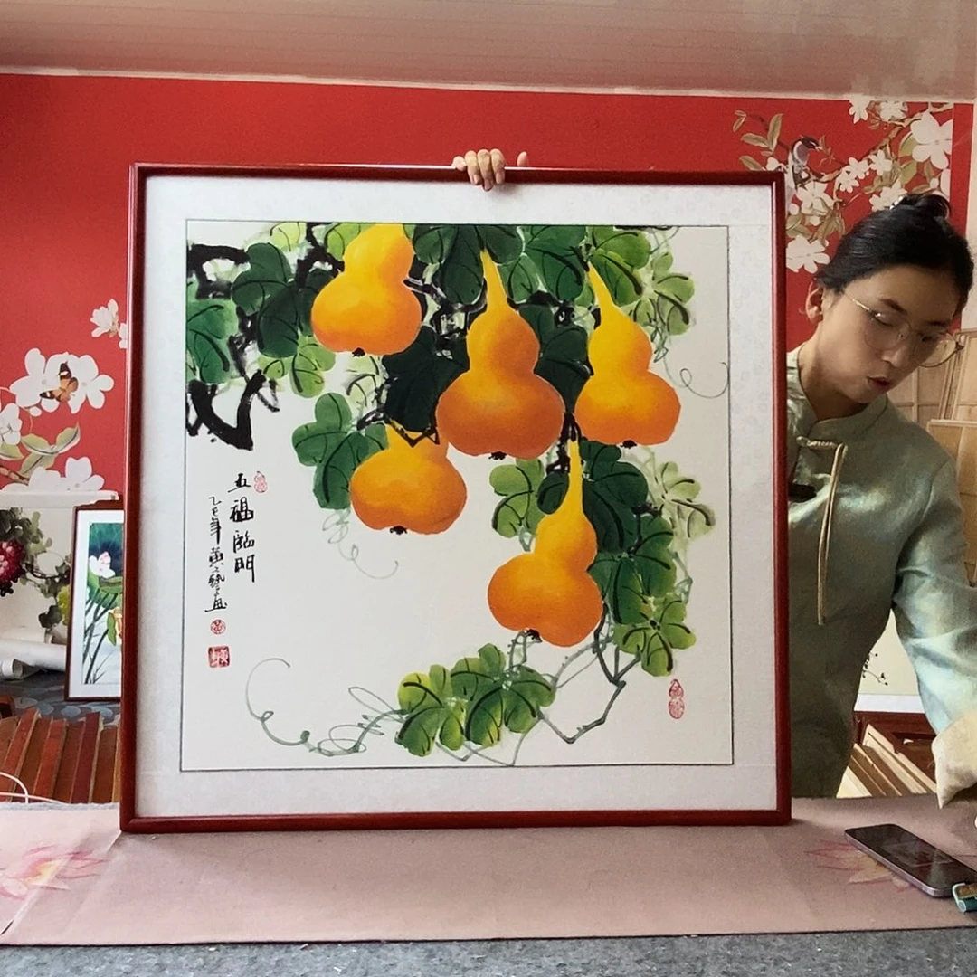国画手写手绘国画作品带框包邮82✖️82