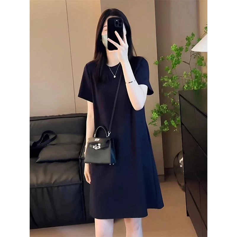 法式爆款高级感短袖黑色连衣裙女2025夏季宽松显瘦气质个性中长裙