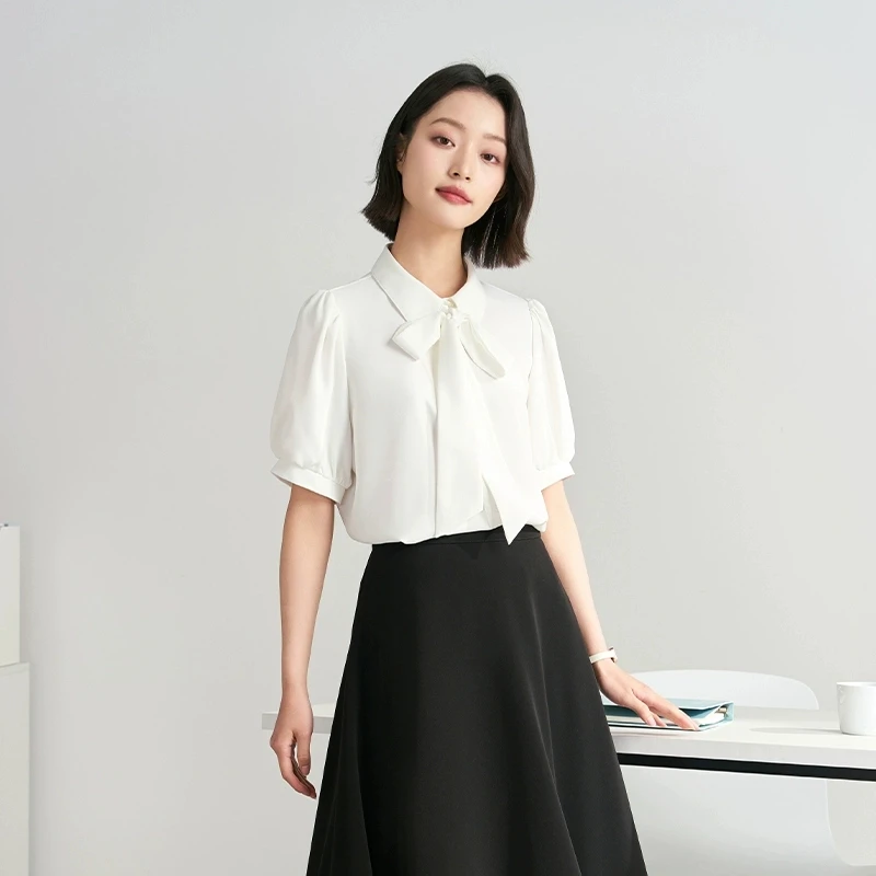伯德小姐白色蝴蝶结短袖衬衫女雪纺正装上衣职业教资面试内搭衬衣