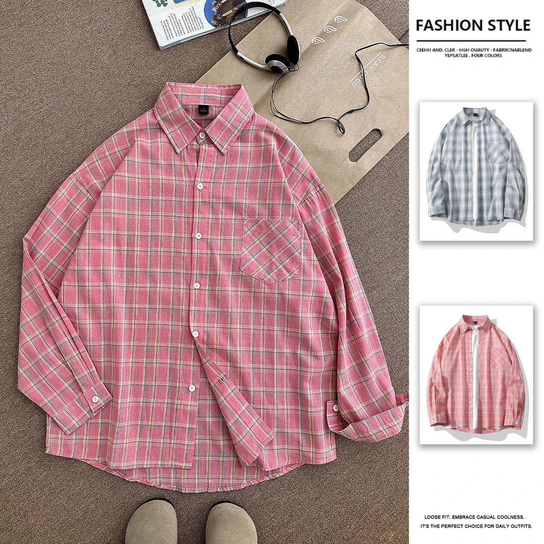 夏季纯棉粉色长袖衬衫韩系慵懒感防晒外搭衬衫情侣款宽松格子外套