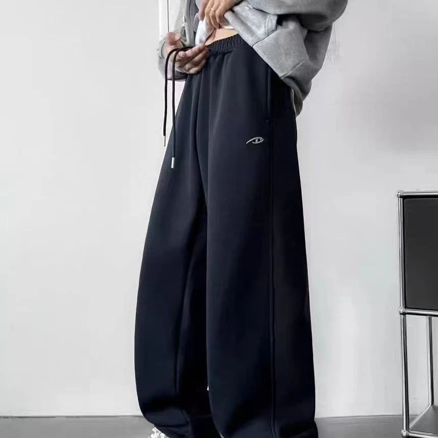 冬季加绒高街美式刺绣宽松休闲运动裤青少年加长保暖耐磨卫裤男裤