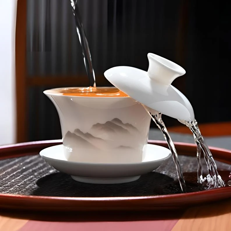 悬停盖碗手工白瓷盖碗防烫三才盖碗高端泡茶盖碗喝茶茶具