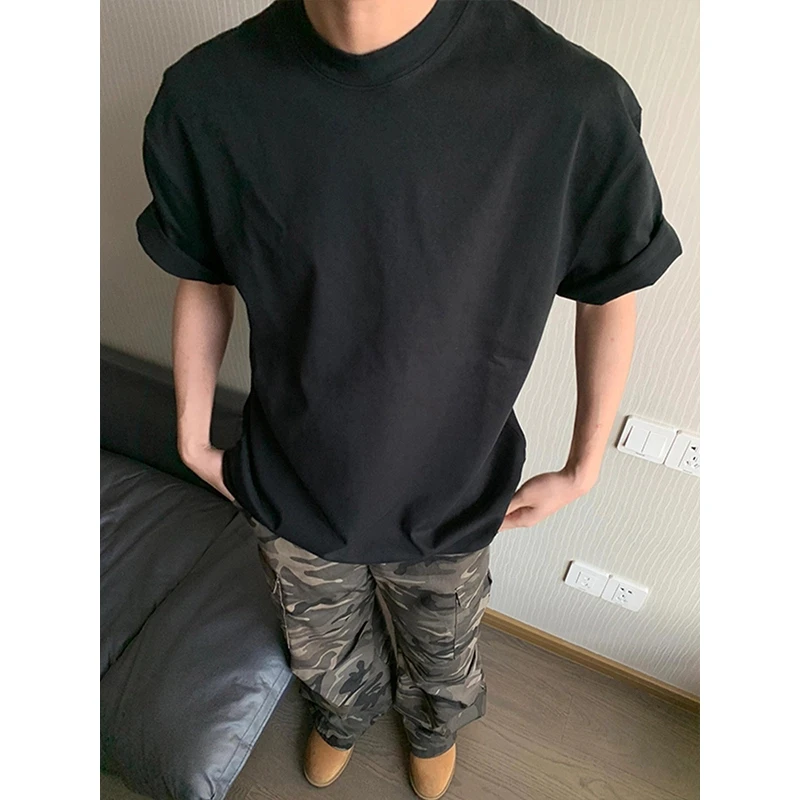 美式夏季纯色重磅t恤男夏季高级感cleanfit短袖美式潮牌小领口T恤