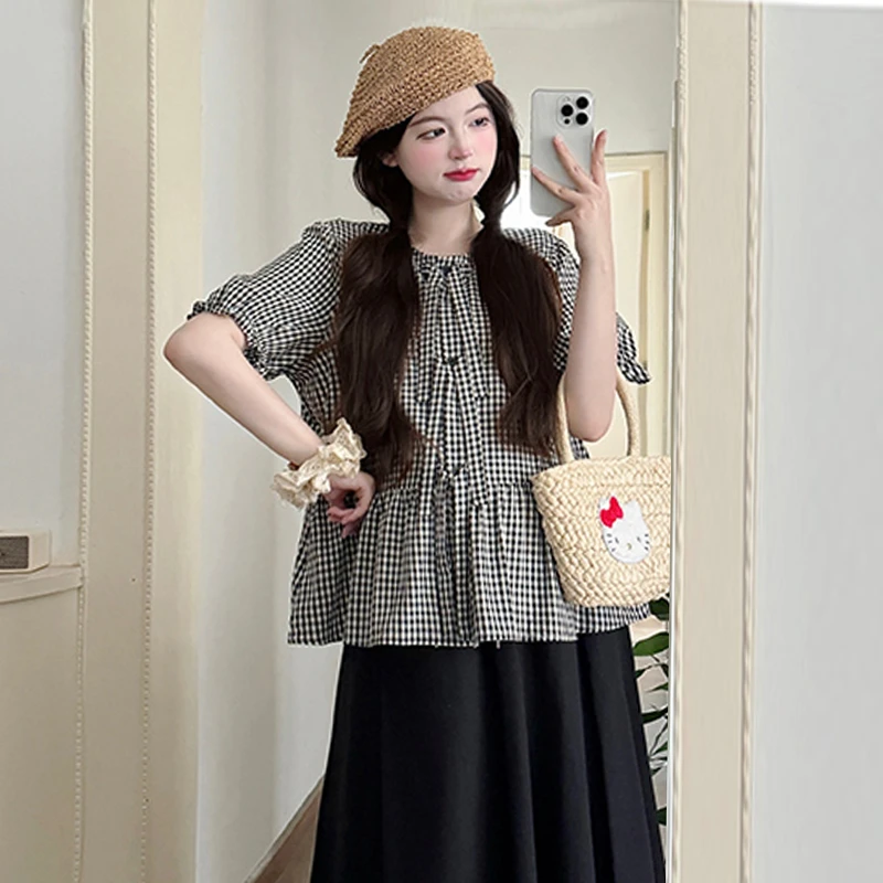 【伊伊】孕妇装2025新款时尚小个子宽松格纹泡泡袖蝴蝶结扣娃娃衫