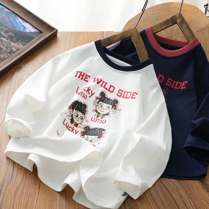 男童休闲动漫印花长袖t恤中大童国风宽松打底衫儿童百搭撞色衫