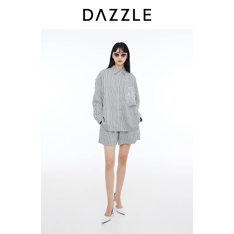 【上新】DAZZLE地素 衬衫 夏新款女装条纹刺绣长袖上衣2I2C405