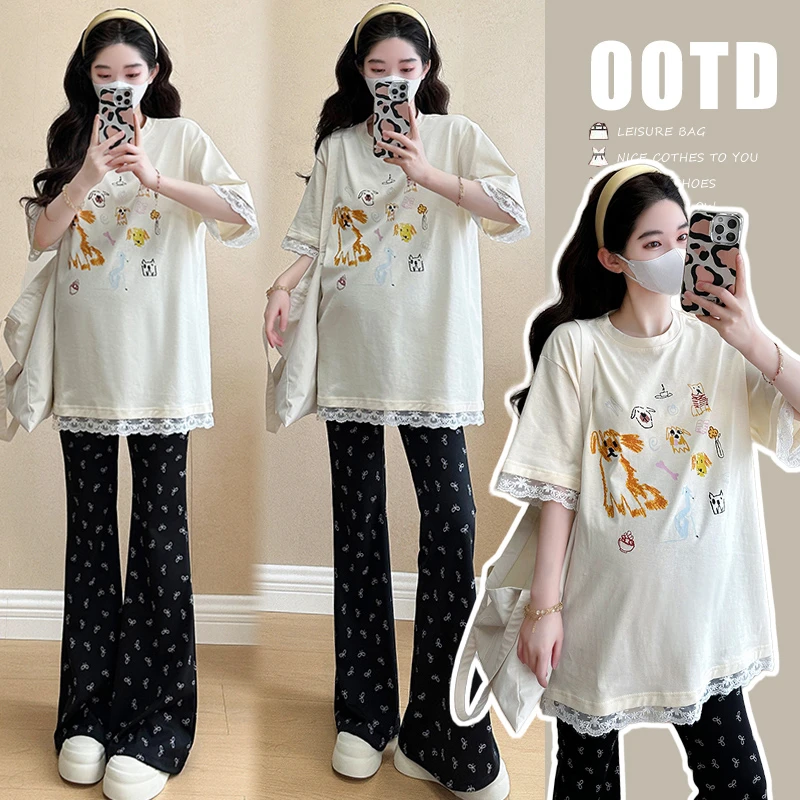 夏季孕妇减龄时尚大码印花蕾丝拼接短袖T恤+微喇叭长裤怀孕两件套