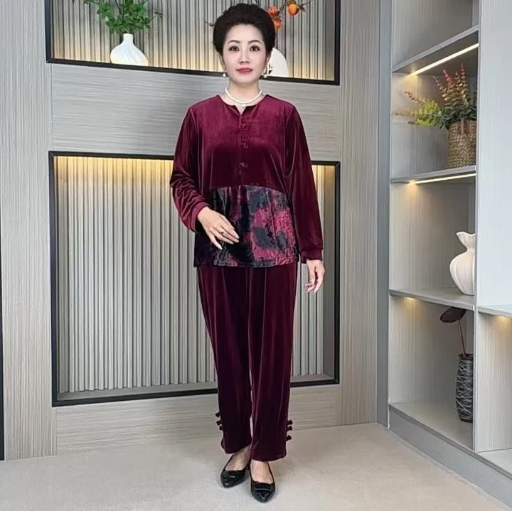 【两件套】大码妈妈装金丝绒V领中老年女装休闲2025秋新款大方洋气