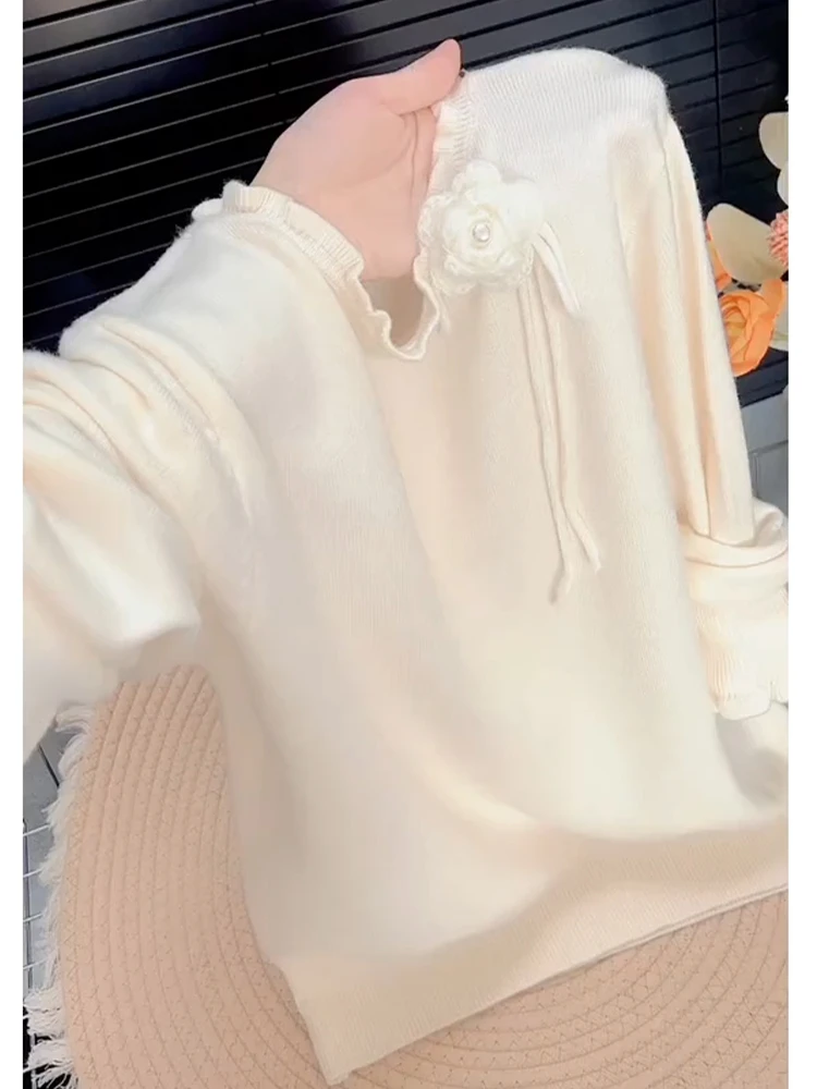 温柔长袖立体花朵套头针织衫女秋冬季新款时尚百搭高级感气质上衣