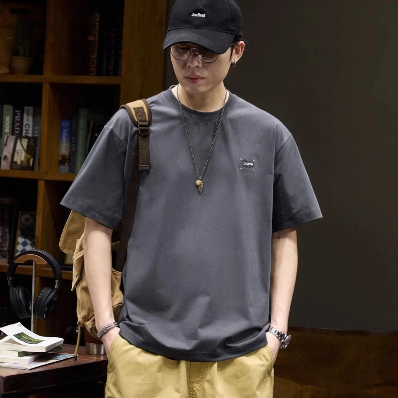 Cebrodz夏季凉感速干短袖t恤男士刺绣上衣重磅宽松圆领五分袖体恤