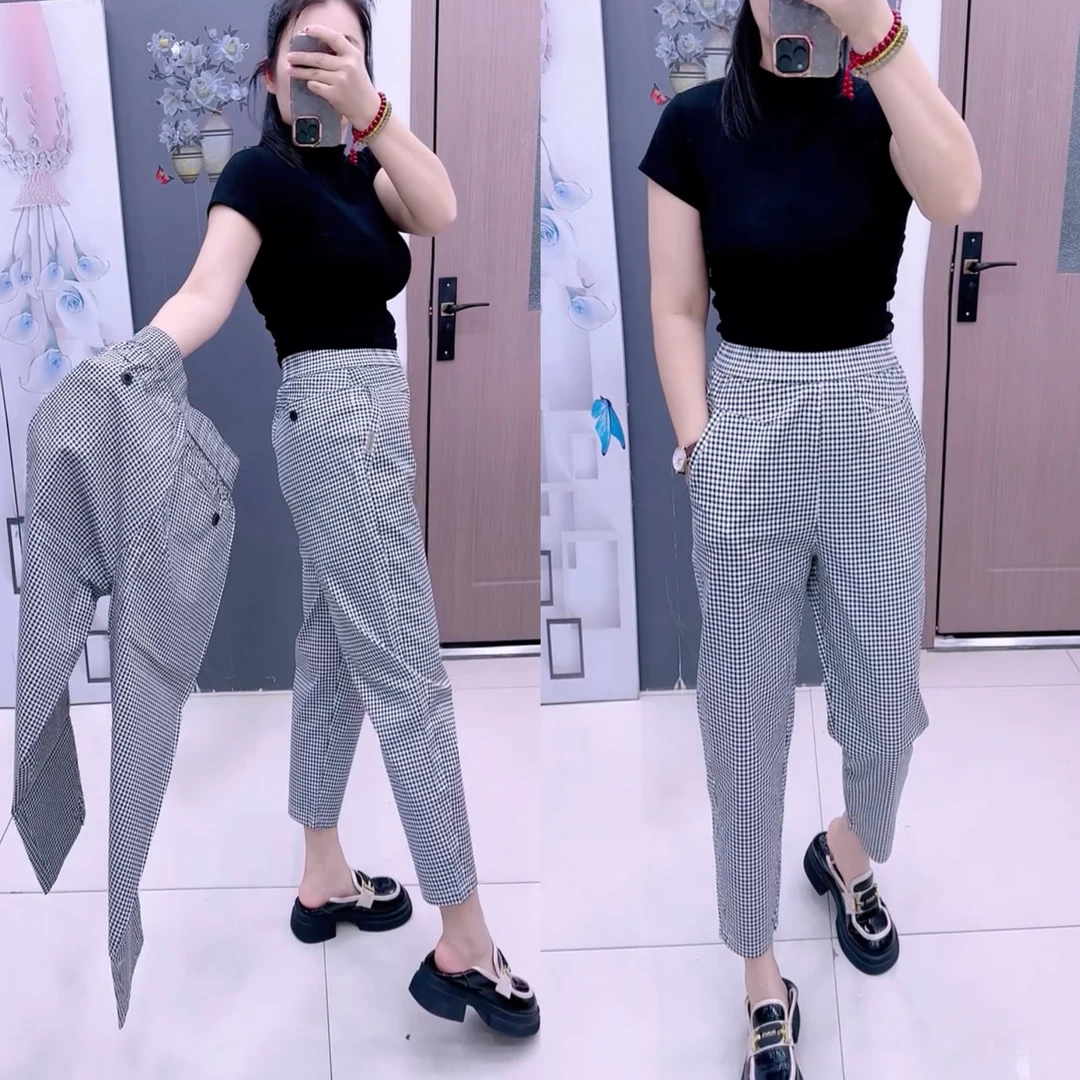 夏季新款女士格子裤高腰显瘦遮肉水洗纯棉九分裤黑白格子哈伦裤潮
