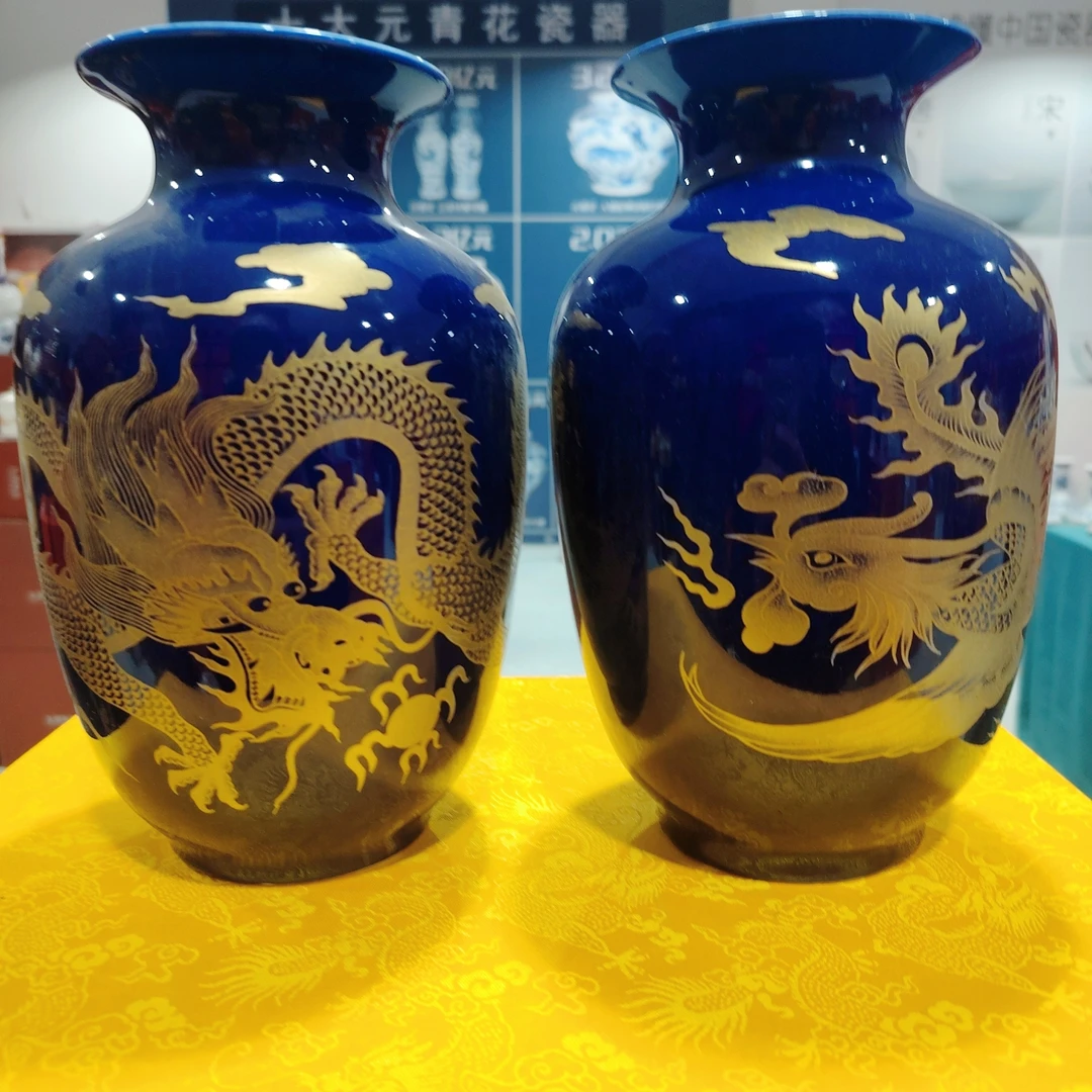 【袁氏瓷业】霁蓝龙凤呈祥冬瓜对瓶+底座
