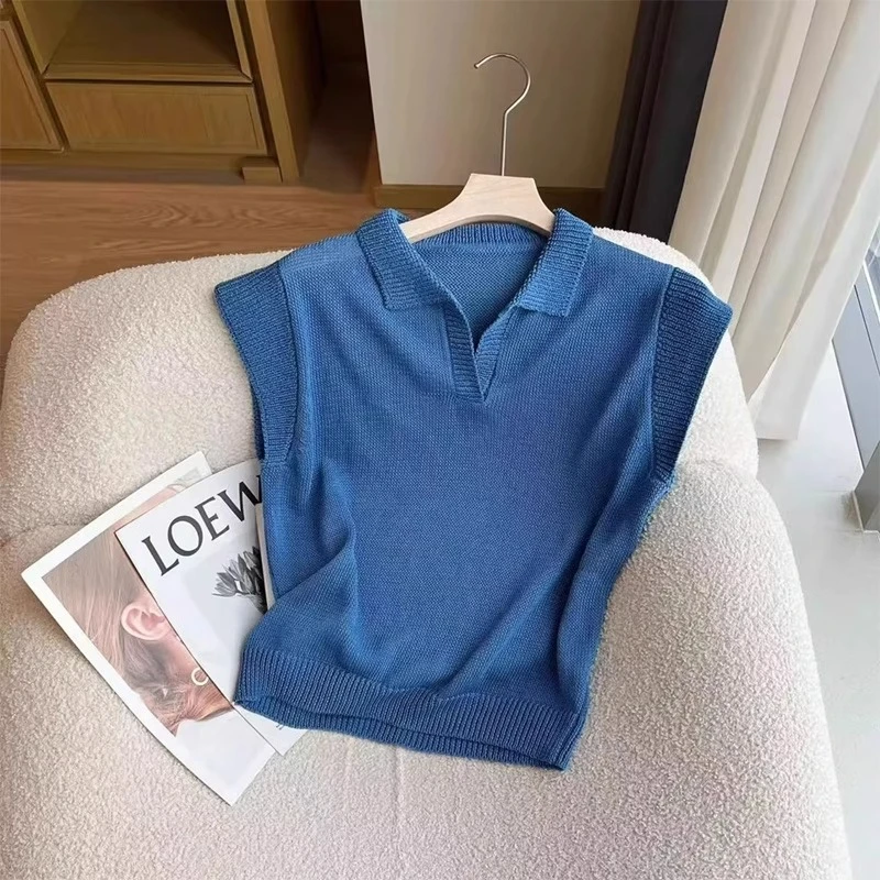 蓝色坎肩无袖冰丝针织衫女夏季2025新款宽松显瘦时尚休闲翻领上衣