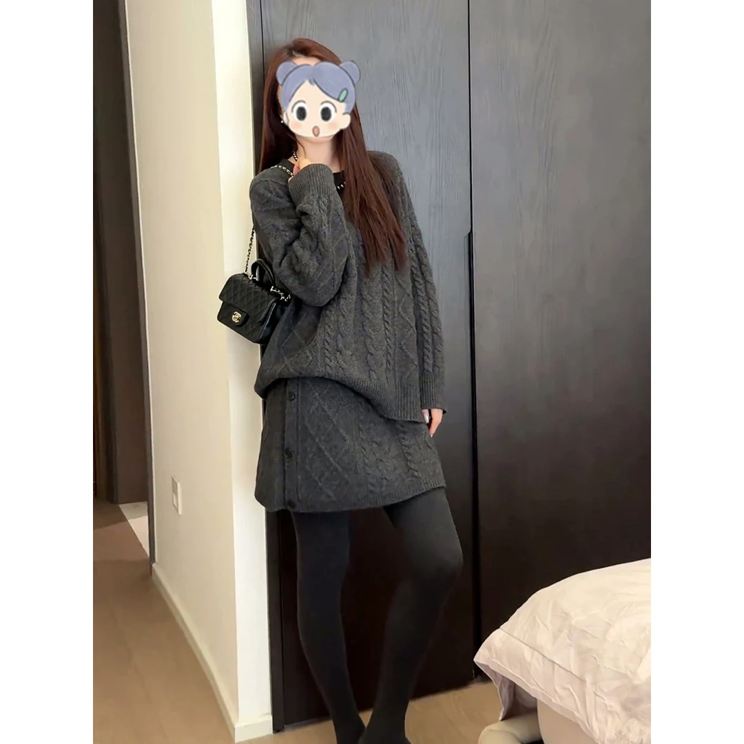 韩系时尚慵懒风圆领小众毛衣半身裙女2025秋冬新款软糯百搭两件套