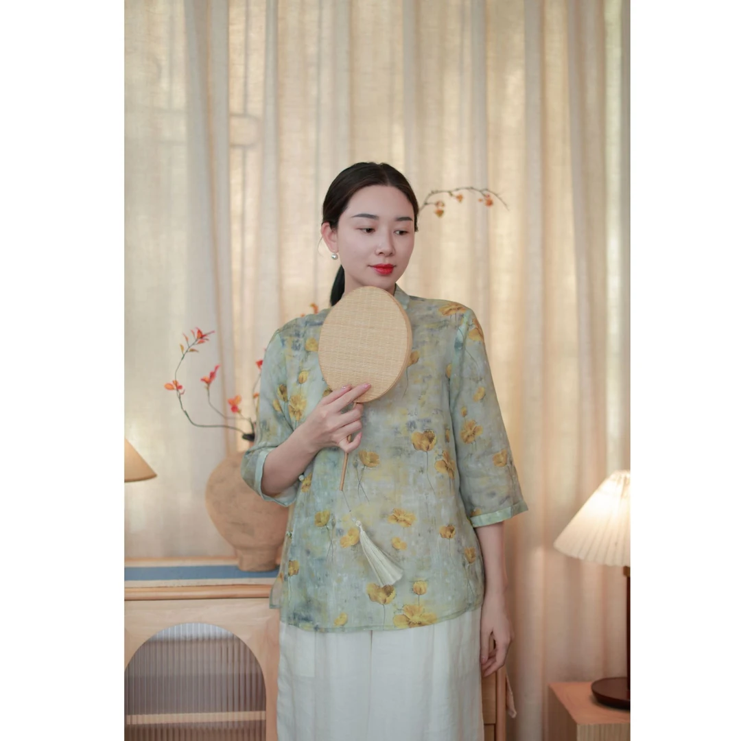 【听雨眠】苎麻女高端夏季文艺复古中袖斜襟小衫宽松印花民国风上衣