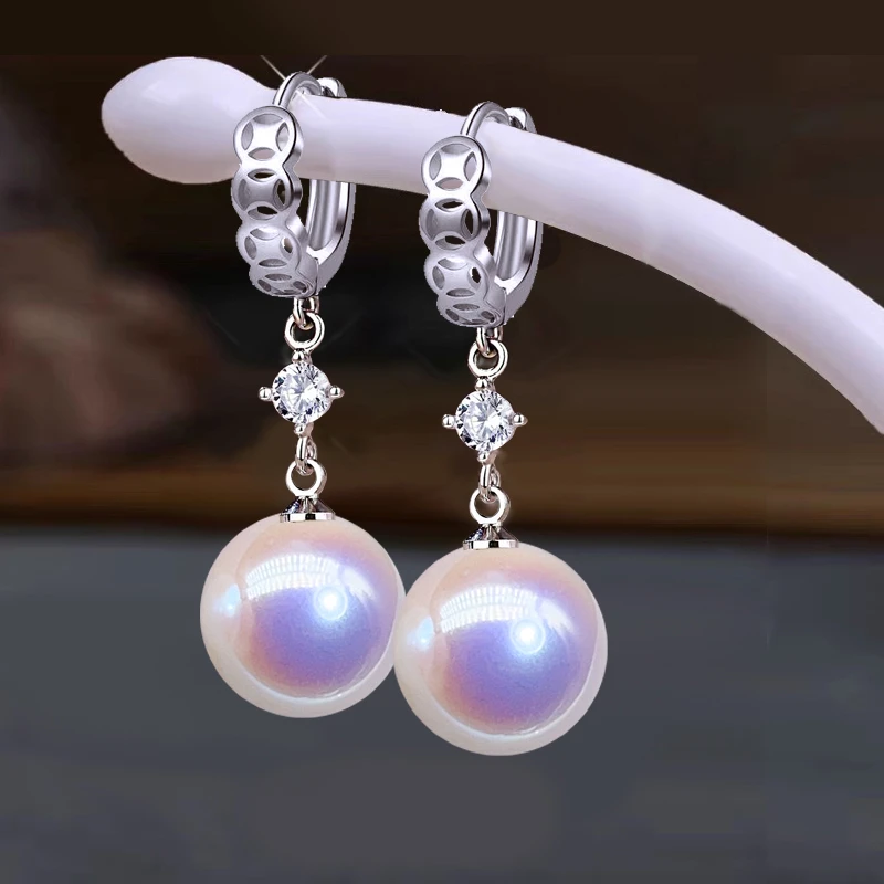 925银耳饰 S925纯银钱币扣耳环时尚耳坠气质极光珠耳饰品不过敏