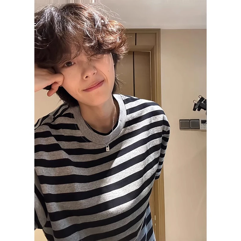美式复古条纹t恤男夏季潮牌重磅短袖宽松圆领cleanfit情侣半截袖