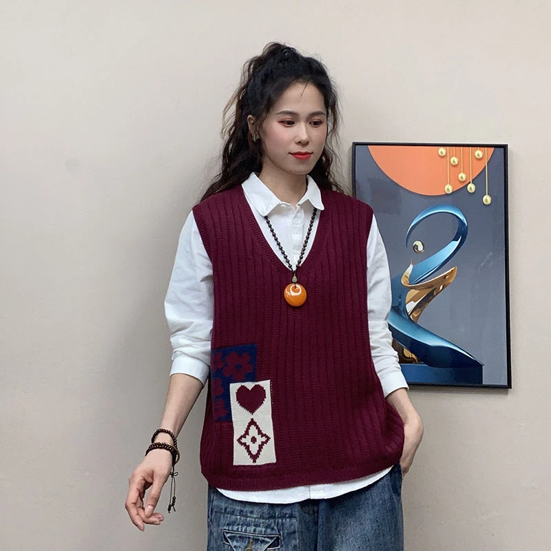 V领图案套头马甲春季针织女宽松大码百搭坎肩褂子复古文艺马夹