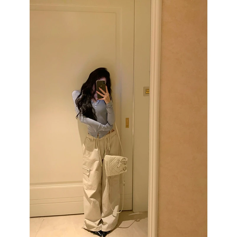 withmin白兔 酷儿出行 美式复古阔腿工装抽绳松紧休闲长裤2410845