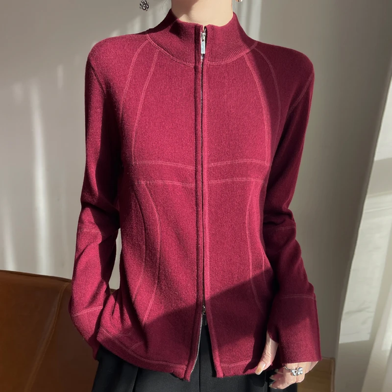 【LULU家同款】14针~精纺羊毛立领双拉链半高领开衫针织衫洋气外套