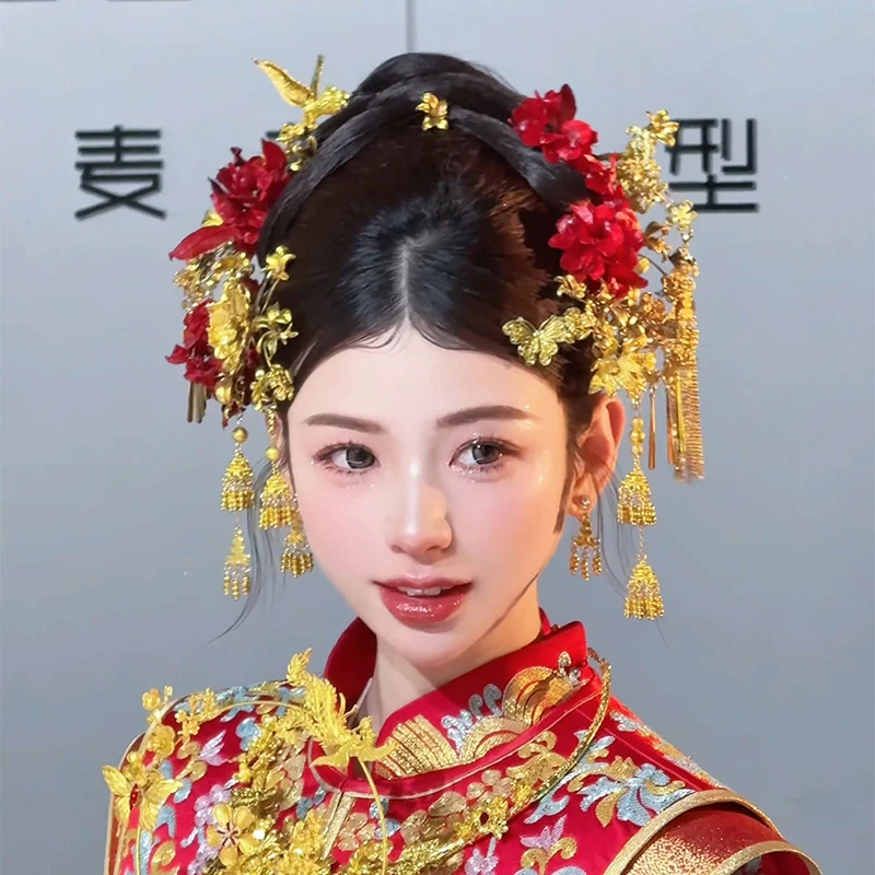 水舞U2275中式金色铃铛流苏边夹龙凤褂新娘头饰古典晨袍秀禾发饰