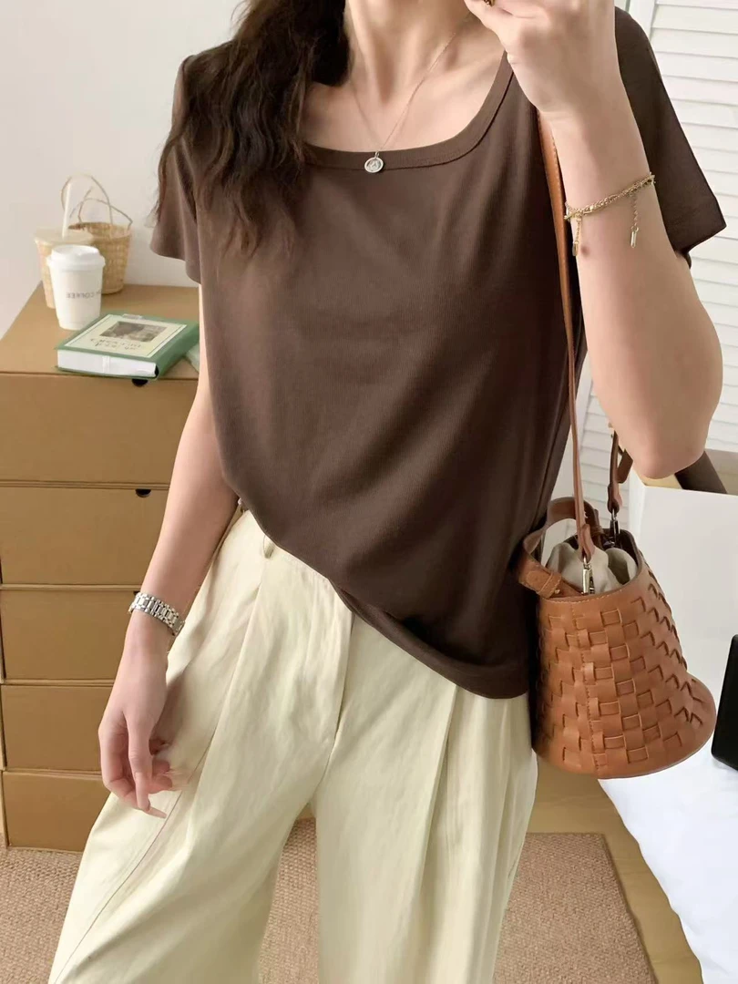 2025新款短袖针织上衣夏季休闲百搭纯色简约宽松显瘦打底衫气质