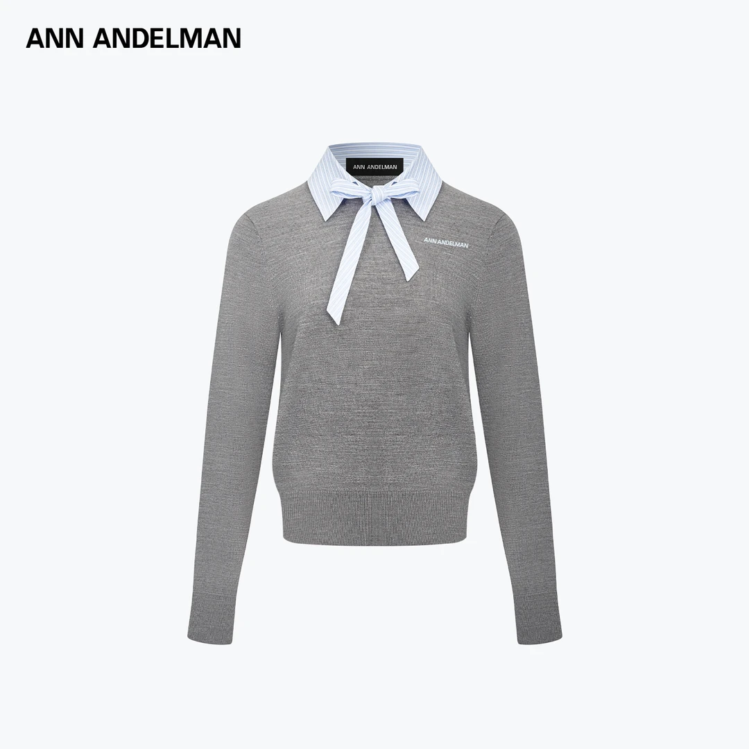 ANN ANDELMAN25秋冬 时尚翻领假两件长袖针织衫袖衬衫领针织