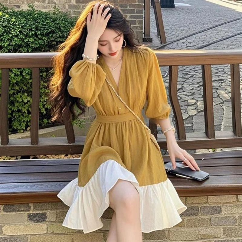 法式爆款黄色撞色拼接女装衬衫连衣裙2026春秋新款高级感百搭裙子