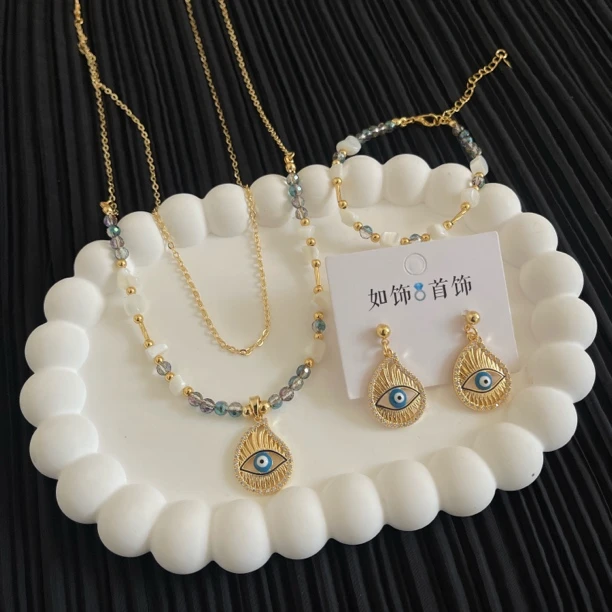 钛钢亚克力项链 如饰 新款眼睛双层链手工链三件套时尚气质首饰