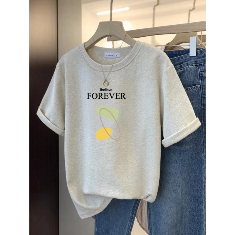 100%纯棉短袖t恤女士夏季2025新款大码胖mm宽松显瘦休闲圆领上衣