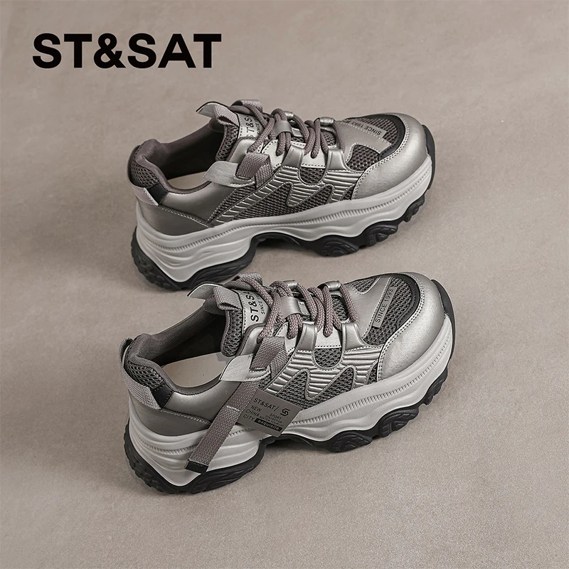 星期六女鞋显脚小厚底老爹鞋女款2025新款秋冬百搭增高运动休闲鞋