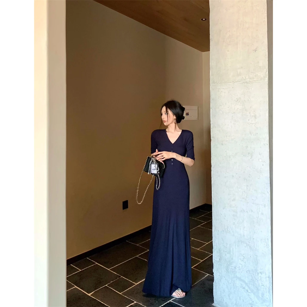 御姐风显瘦V领五分袖连衣裙气质修身包臀长裙#A762